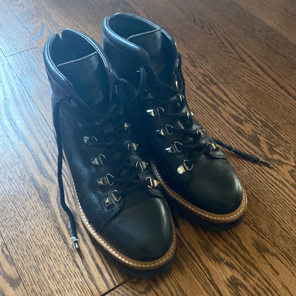Black leather lace up ankle hiking lug boots